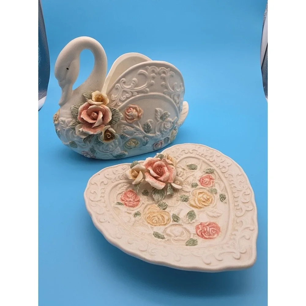 Vintage White Swan Planter Catch All And Trinket Dish Heart‎ Floral  Decor 3D